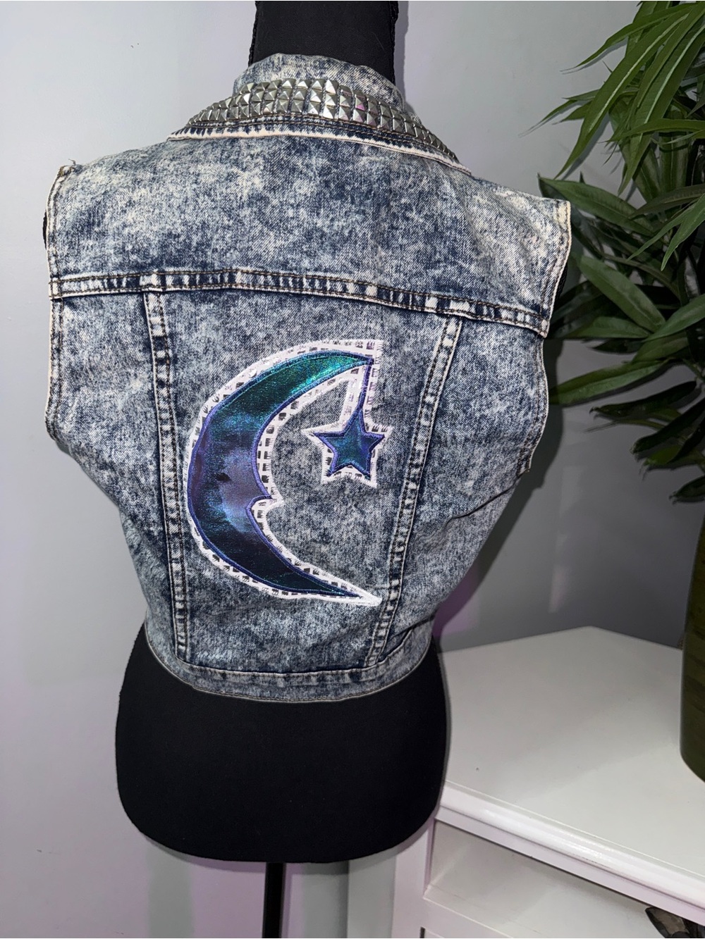 Forever 21 Acid Wash Denim Vest with Iridescent Moon Patch- (Phish Band)
